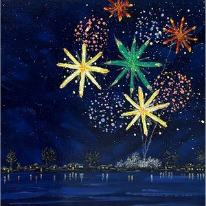 Celebrate 2 - Fireworks Acrylic Painting by Deb Bossert Artworks - 8" x 8"